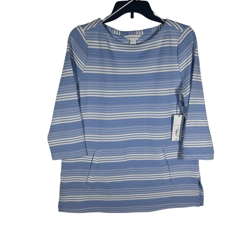 Liz Claiborne Womens Tunic Top Size S Blue White Striped 3/4 Sleeve‎ Pockets NEW